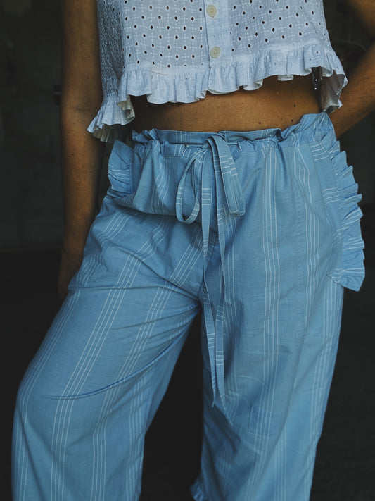 Field pants in light blue striped cotton