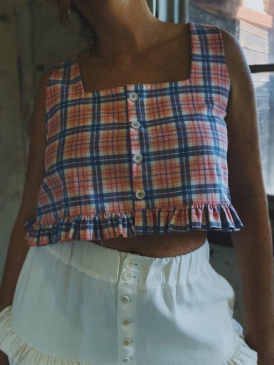 Field top in pink/blue check