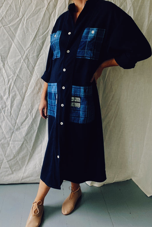 Nori shirtdress in wool / handloomed Japanese boro cloth