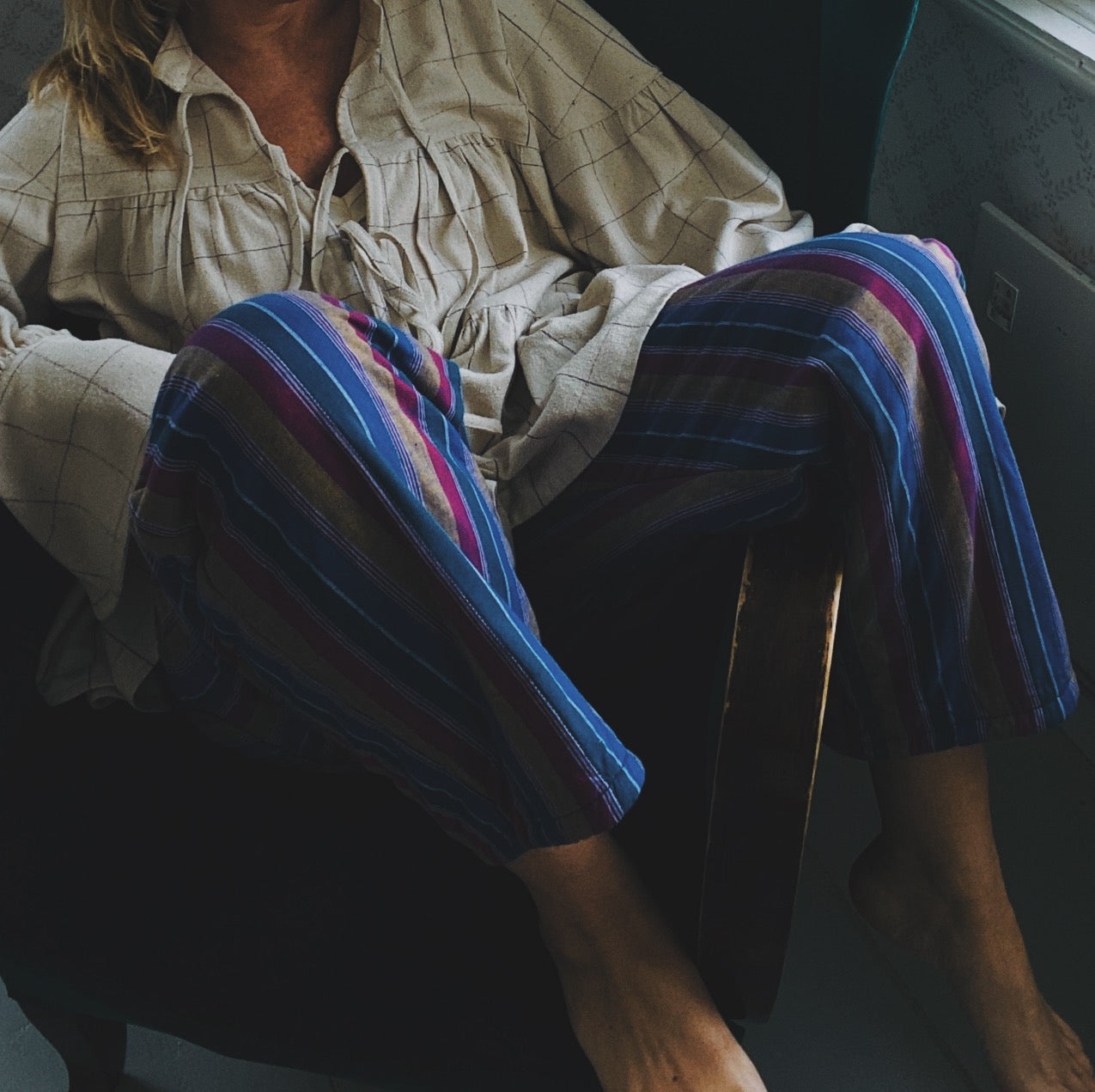 Quilted Agnes pants in electric striped handloomed cotton