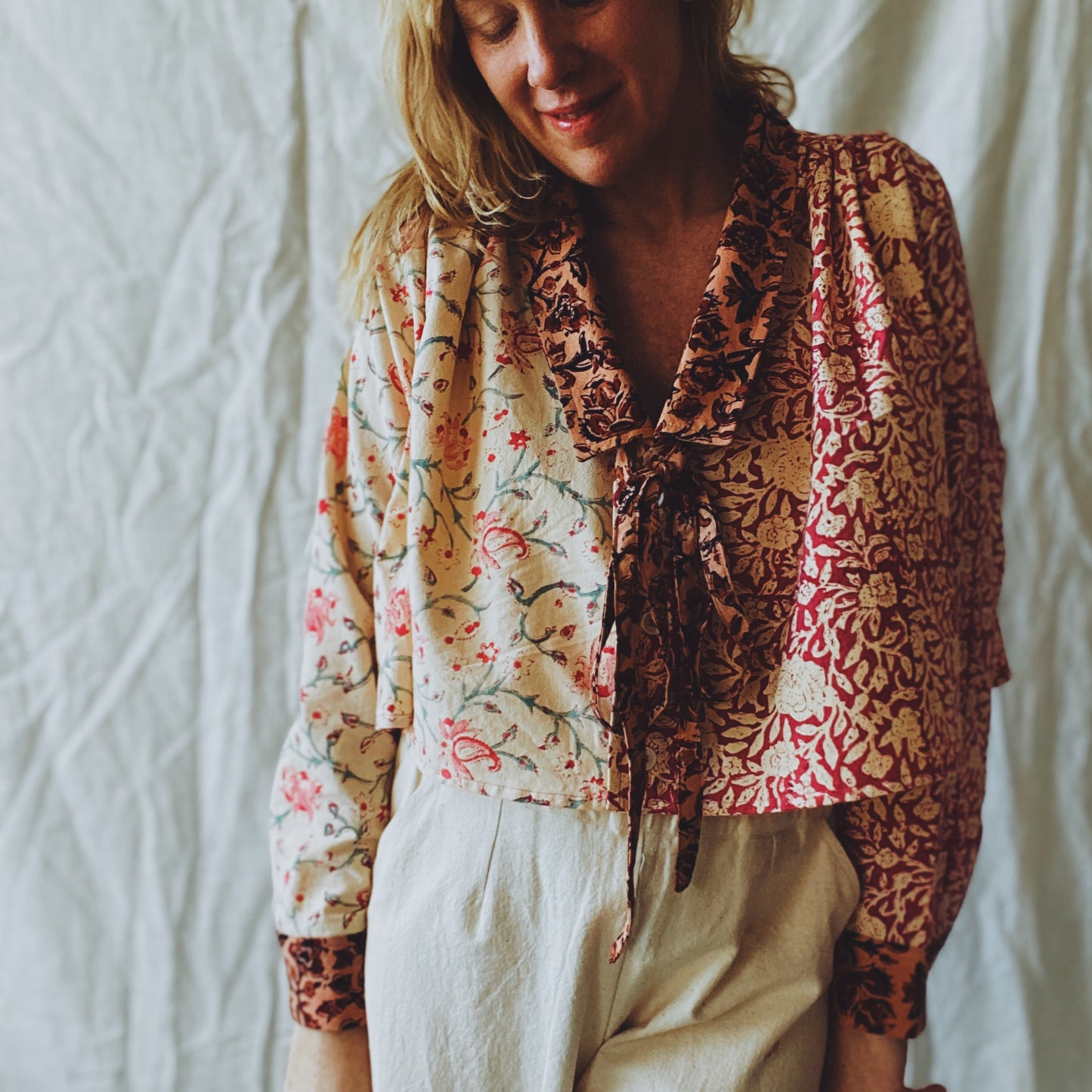 Thalia two tone blouse in vintage blockprinted cotton