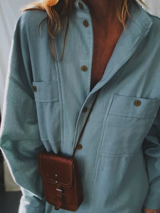 Nori mini shirtdress in duck egg wool/cotton