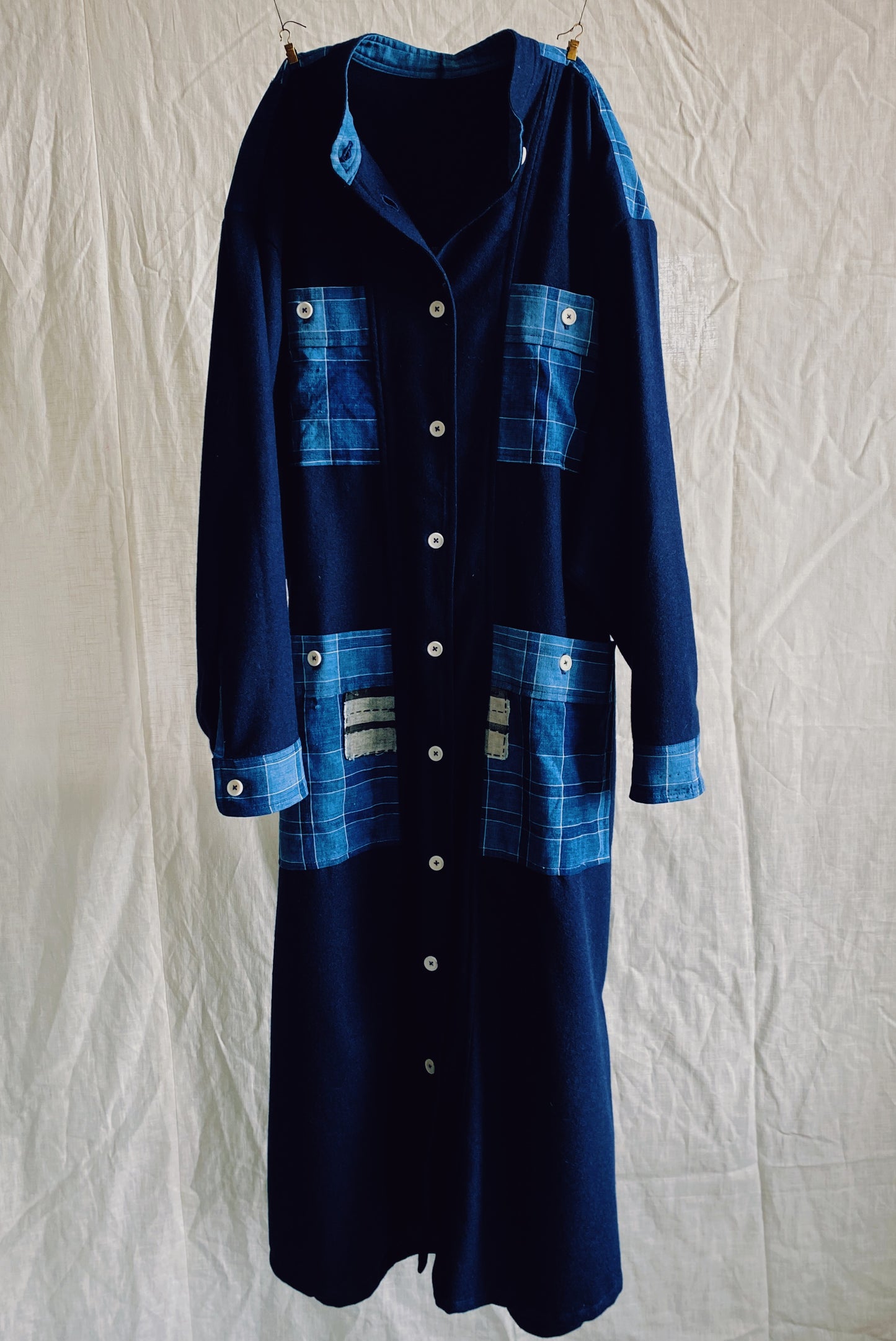 Nori shirtdress in wool / handloomed Japanese boro cloth