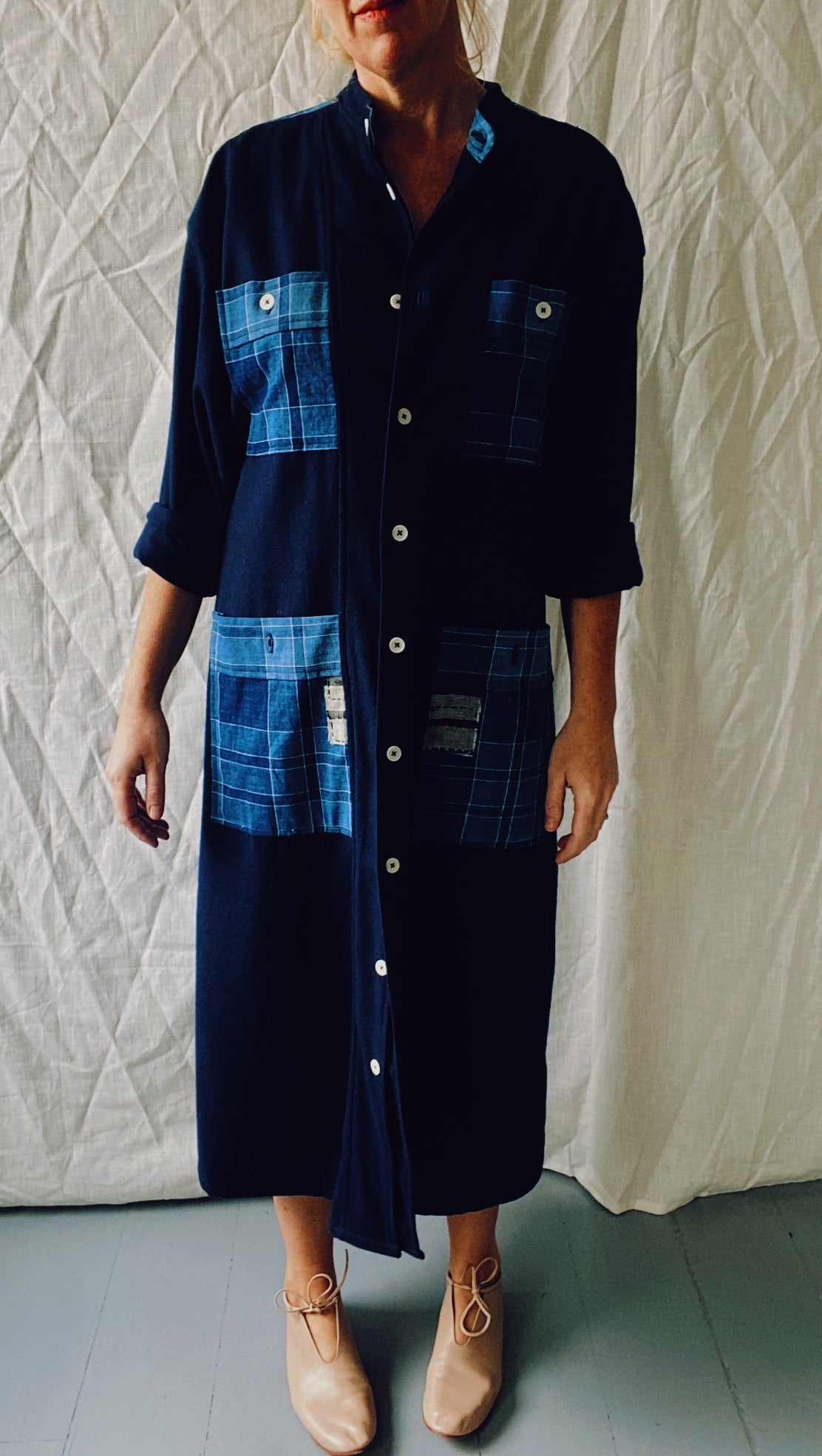 Nori shirtdress in wool / handloomed Japanese boro cloth