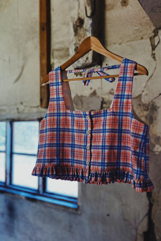 Field top in pink/blue check