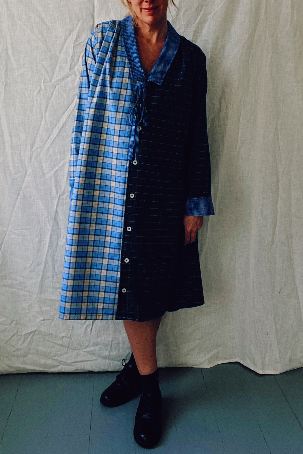 Thalia two tone dress in blue checks