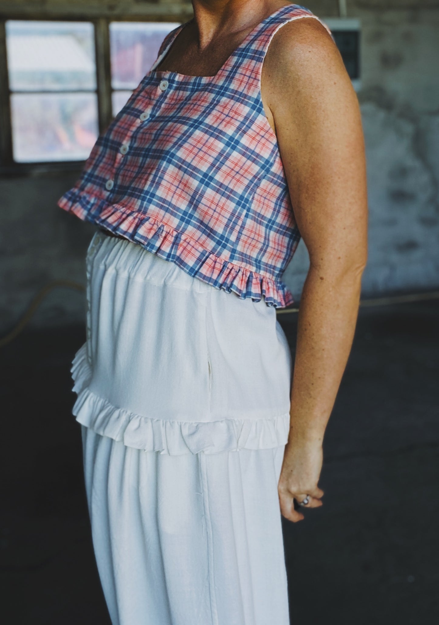 Field top in pink/blue check