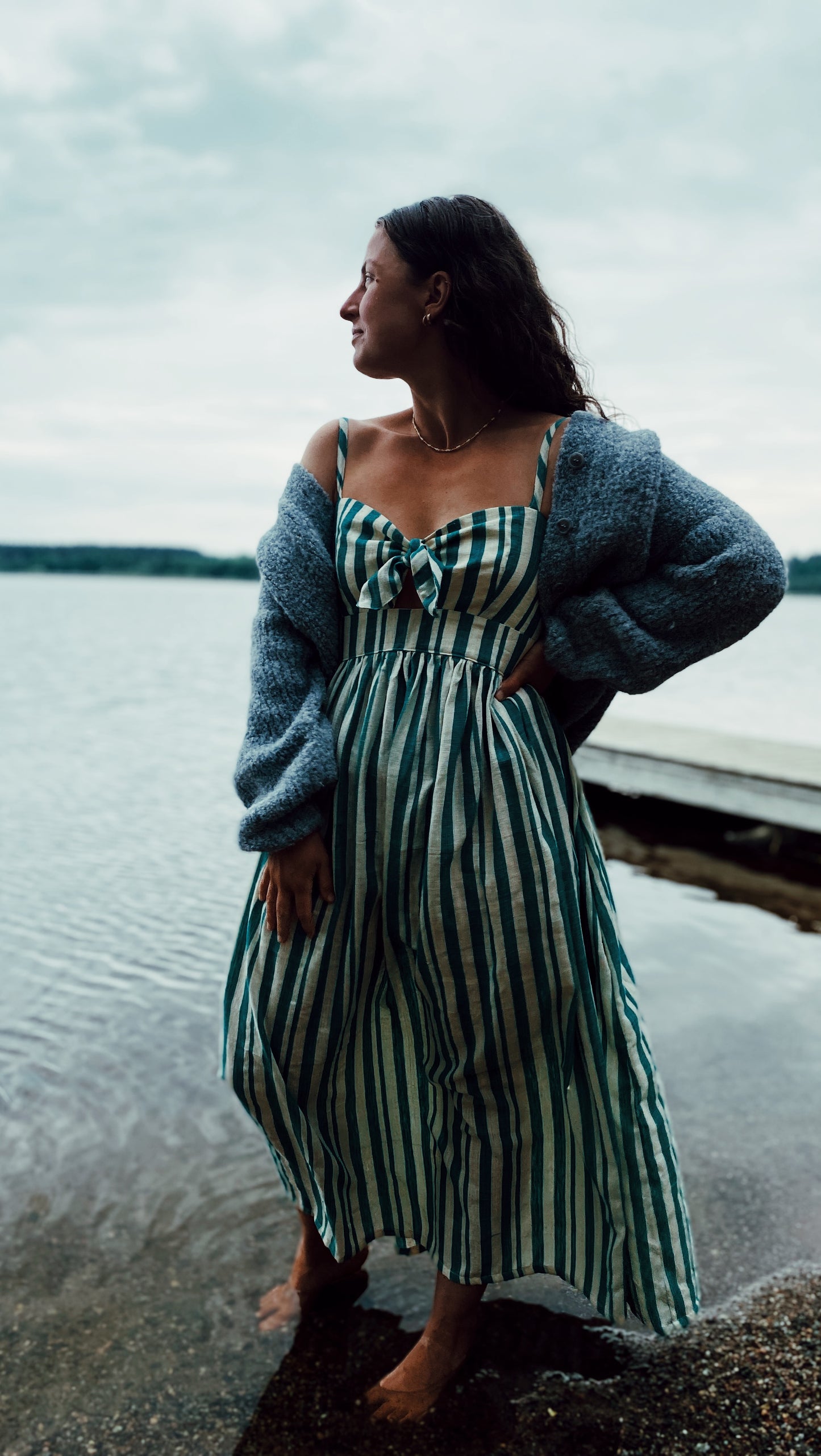 Stella dress in jade striped cotton