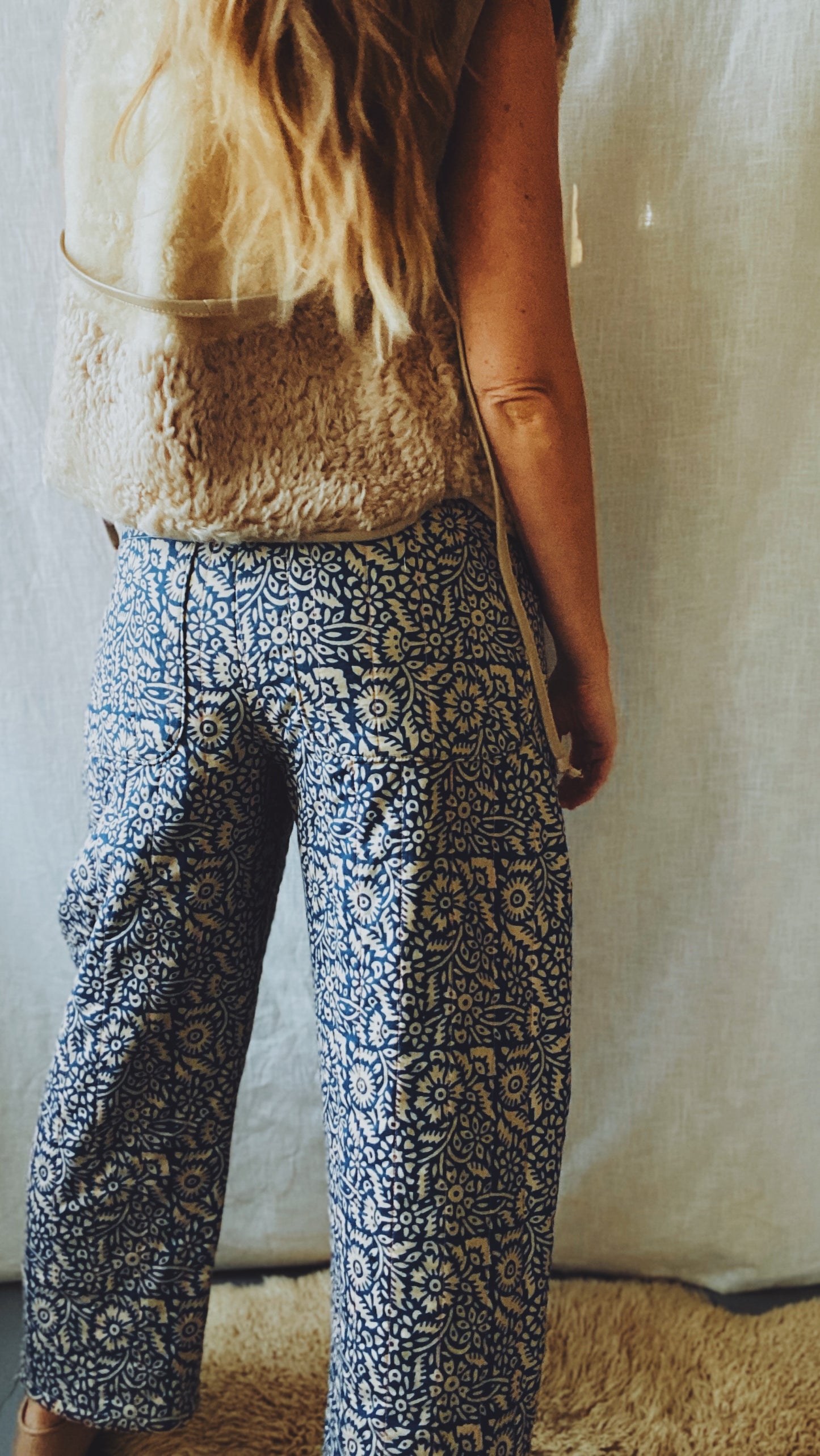 Quilted Agnes pants in blockprinted floral