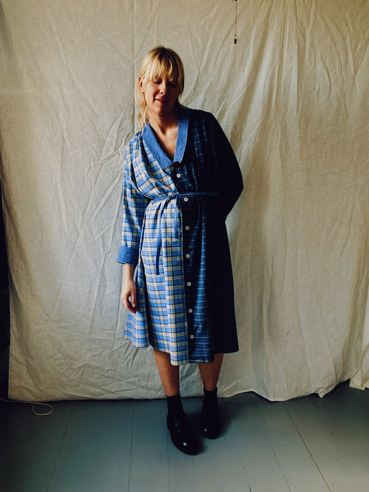 Thalia two tone dress in blue checks