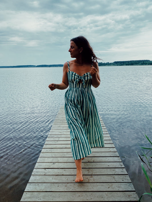 Stella dress in jade striped cotton