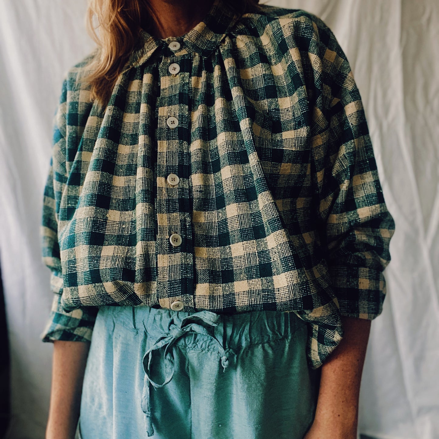 Hana blouse in teal checkered silk